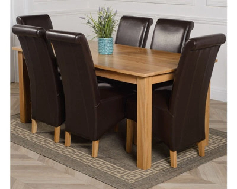 Image of Thats Furniture Oslo 180 x 90cm Large Oak Dining Table & 6 Montana Leather Chairs in Brown Brown Unisex 180 x 90 cm