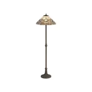 Image of 2 Light Leaf Design Floor Lamp E27 With 40cm Tiffany Shade, White, Grey, Black, Clear Crystal, Aged Antique Brass