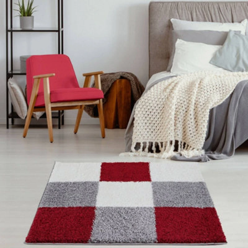 Image of THE RUGS Fluffy & Soft Shaggy Rugs Living Room Rug in Red - Elegant Geometric Design Carpets For Bedrooms & Kitchen 381 Size: 120cm x 120cm Red