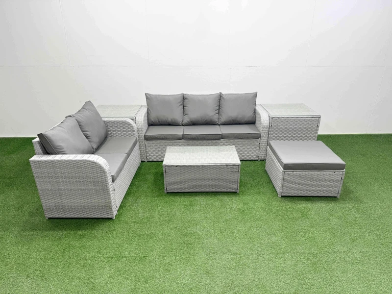 Image of Fimous 6 Seater PE Rattan Wicker Garden Furniture Patio Conservatory Sofa Set with Rectangular Coffee Table 3 Seater Sofa Love Sofa Big Footstool 2 Si
