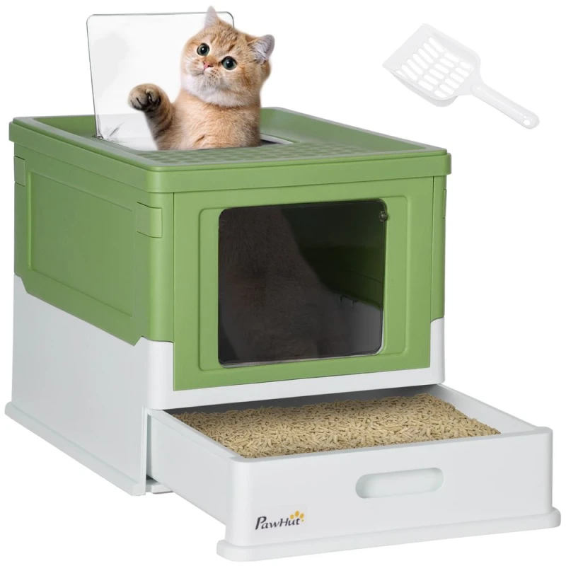 Image of PawHut Pawhut - Hooded Cat Litter Box, Portable Pet Toilet w/ Tray, Scoop, Front Entry Light Green 5056725521615