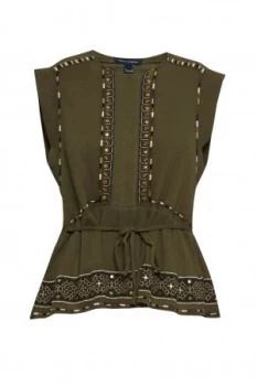 Image of French Connection Adanna Crinkle Embroidered Peplum Top Green