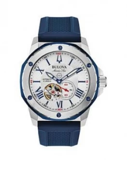Image of Bulova Silver and Blue Detail Automatic Skeleton Eye Dial Blue Leather Strap Mens Watch, One Colour, Men