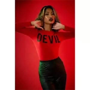 Image of I Saw It First Red Halloween Devil Crew Neck Long Sleeve Bodysuit - Red
