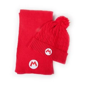 Image of Nintendo - Mario Logo Unisex Bobble Beanie & Ribbed Scarf Gift Set - Red
