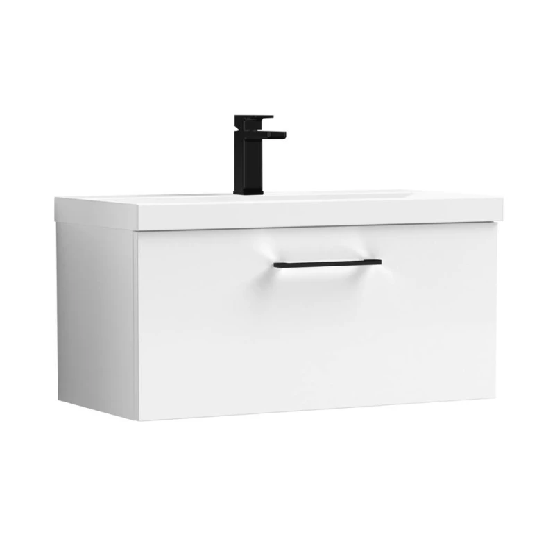 Image of Balterley 800mm Wall Hung 1 Drawer Vanity Basin Unit, Gloss White, Black Handle in White White Unisex