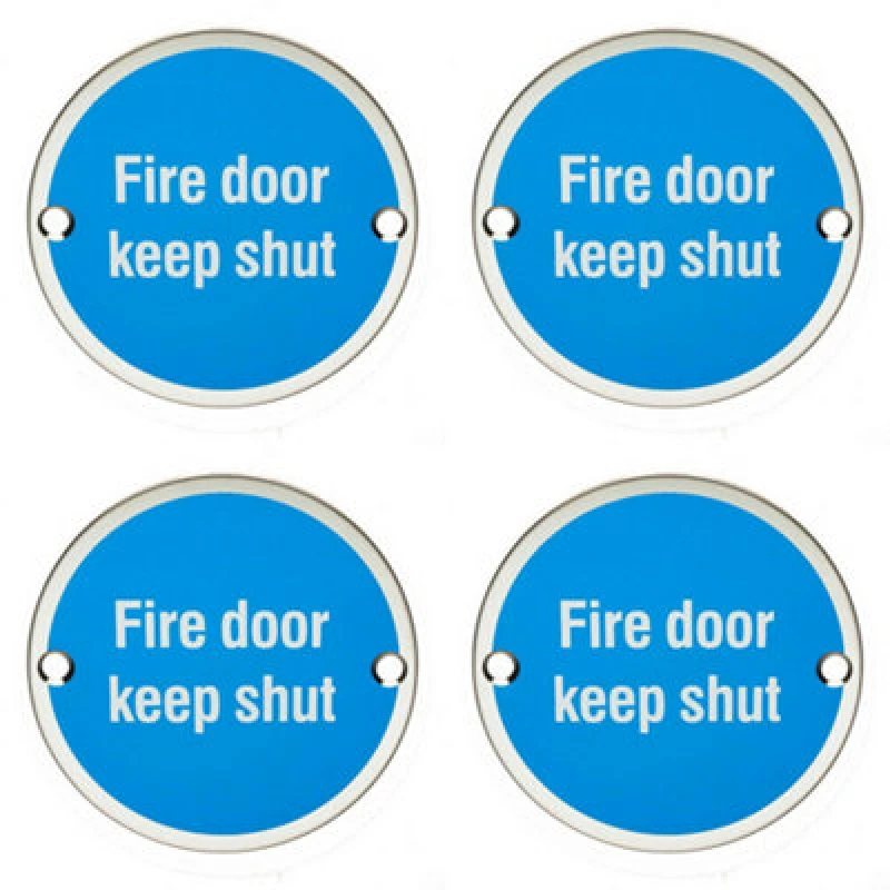 Image of Loops 4x Fire Door Keep Shut Sign 64mm Fixing Centres 76mm Dia Polished Steel Metallics