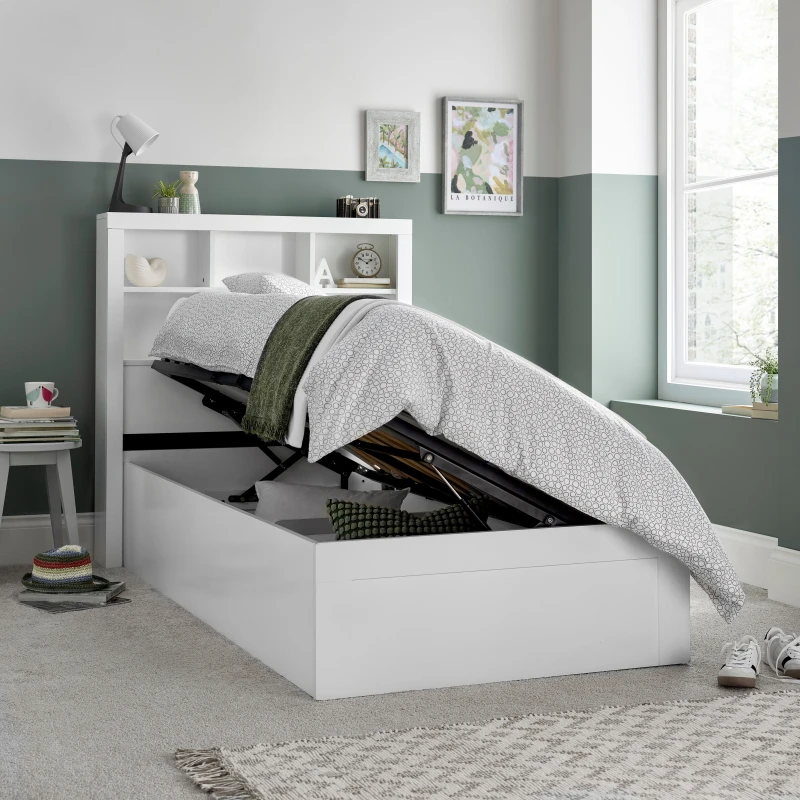 Image of Bedmaster Bedmaster Oscar Wooden Bookcase Ottoman Storage Bed And Memory Maestro Memory Foam Mattress in White Size: Single White Single Unisex 9507