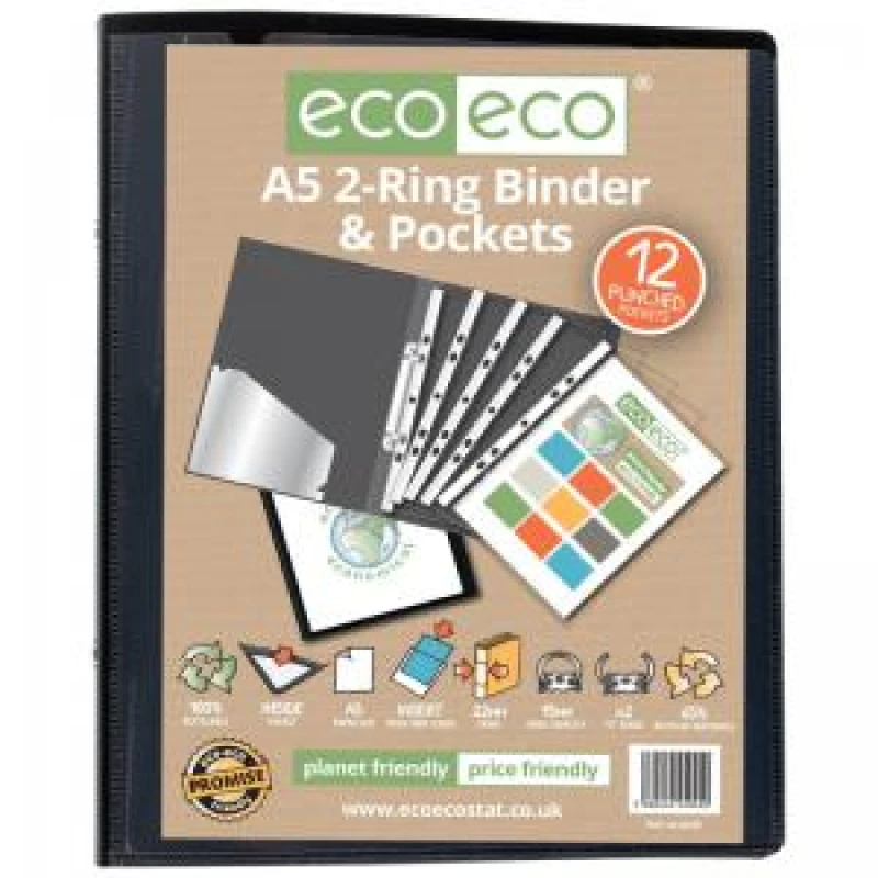 Image of Eco Eco A5 15mm 65% Recycled Ring Binder with 12 Multi Punched Pockets eco045-S