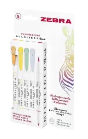 Image of Zebra Mildliner Double Ended Brush Pen Assorted Fluorescent (Pack 5) 2