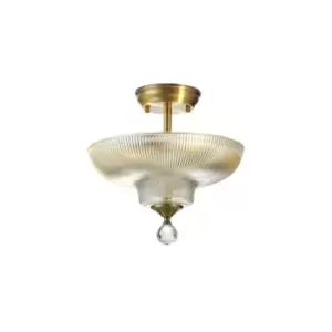 Image of Dresden 2 Light Semi Flush Ceiling Lamp E27 With Round 30cm Glass Shade Antique Brass, Clear