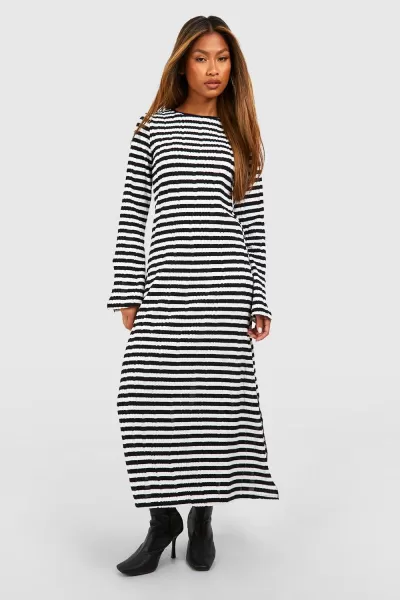 Image of Textured Stripe Flare Sleeve Midaxi Dress