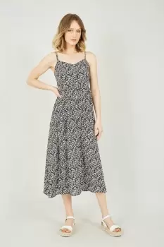 Image of Black Ditsy Print Button Down Midi Dress