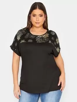 Image of Yours Foil Yoke Front Top, Black, Size 20, Women