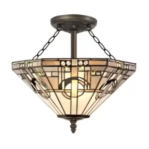 Image of 3 Light E27 Semi Flush Ceiling With Tiffany Shade 40cm Shade, White, Grey, Black, Clear Crystal, Aged Antique Brass - Luminosa Lighting