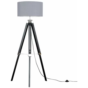 Image of Modern Wooden Tripod Floor Lamp with a Cotton Light Shade - Grey