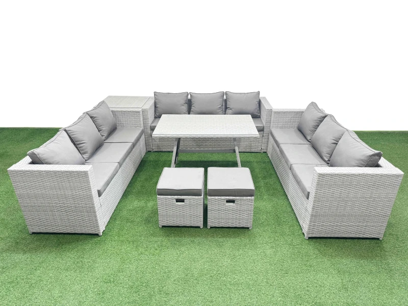 Image of Fimous 11 Seat Patio PE Rattan Garden Furniture with Side Table Small Stools in Light Grey Light Grey Unisex