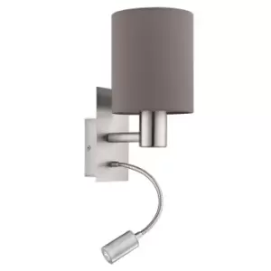 Image of Wall Light Satin Nickel Shade Anthracite Brown Fabric Bulb E27 LED 1x40W 1x3.5W