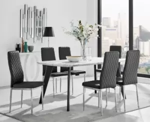 Image of Andria Marble Effect Dining Table With Black Legs & 6 Milan Faux Leather Silver Leg Chairs