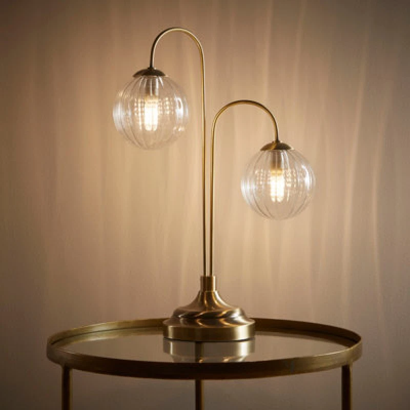 Image of K Living Antique Brass Table Lamp With 2 Arms And Ribbed Glass Light Shades Modern Home Decor