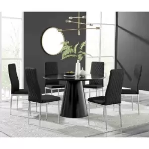 Image of Furniture Box Palma Black Semi Gloss Round Dining Table and 6 Black Milan Chrome Leg Chairs
