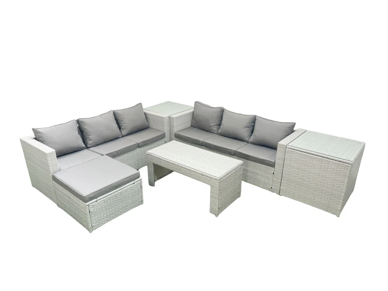 Image of Fimous 7 Seater Garden Outdoor Rattan Furniture Set Rattan Garden Sofa Oblong Coffee Table with Big Footstool 2 Side Tables Light Grey Mixed Light Gre