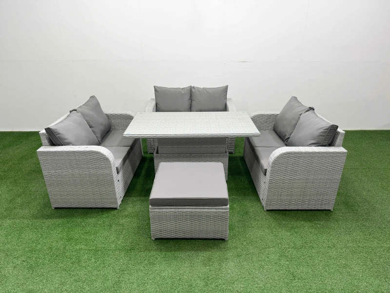 Image of Fimous 7 Seater PE Wicker Rattan Furniture Sofa Sets with Adjustable Lifting Dining or Coffee Table 2 Seater Love Sofa Big Footstool Light Grey Light