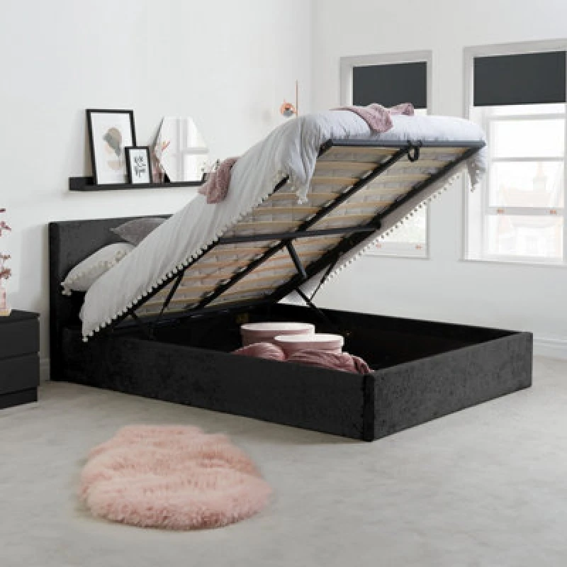 Image of Birlea Berlin Black Crushed Velvet Glitz Fabric Ottoman Bed Frame - 4ft6 Double