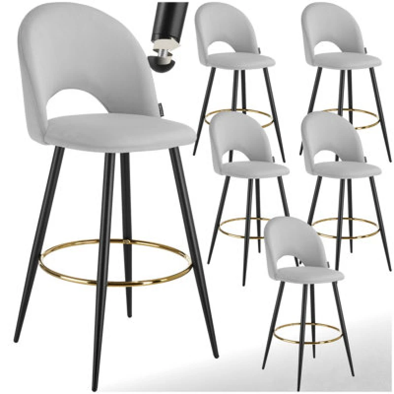 Image of Tectake Bar Stool Rachel With Backrest And Velvet Look Cover, 49 X 58 X 110 Cm - Light Grey/black, Set Of 6