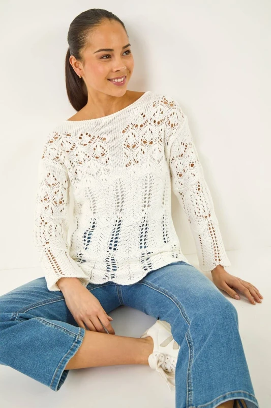 Image of Roman Womens Petite Open Knit Jumper in White Size: 16 White Female 16