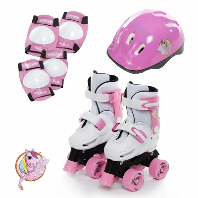 Image of Rexco Unicorn Quad Skates Kids Roller Boots Pads Helmet Skate Set Size 9-12 Pink female