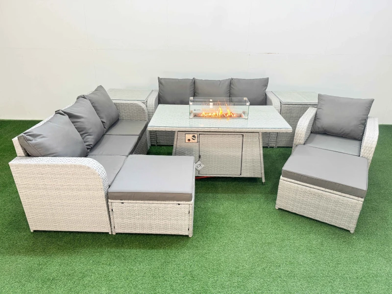 Image of Fimous 9 Seater Poly Rattan Outdoor Garden Furniture Firepit Dining Table Sofa Set Patio Reclining Chair 2 Big Footstools 2 Side Table