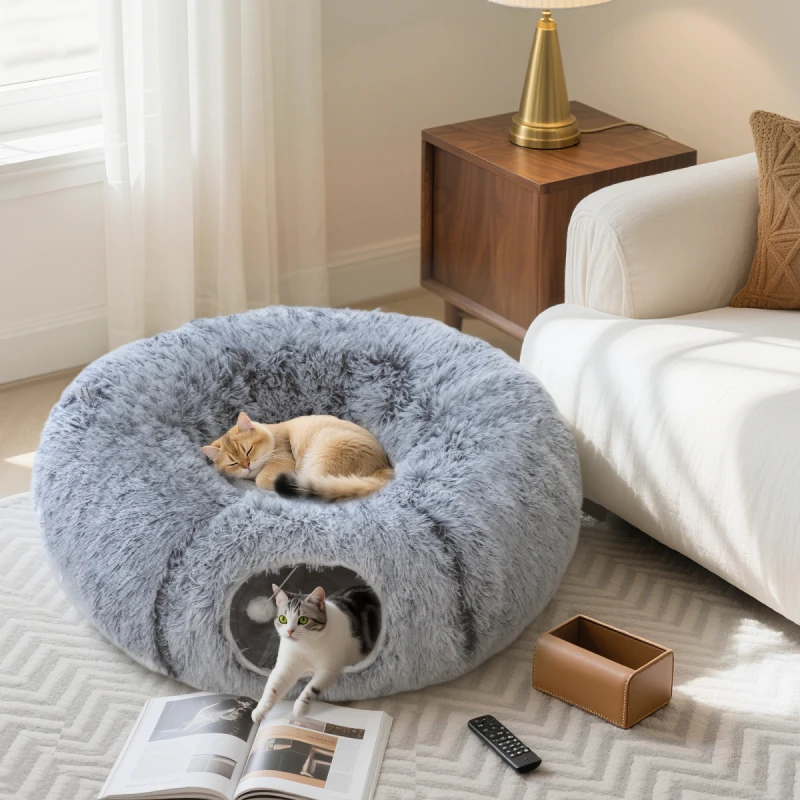 Image of PawHut PawHut Donut Play Tunnel Bed with Washable Cushion and Toy Ball, Light Grey