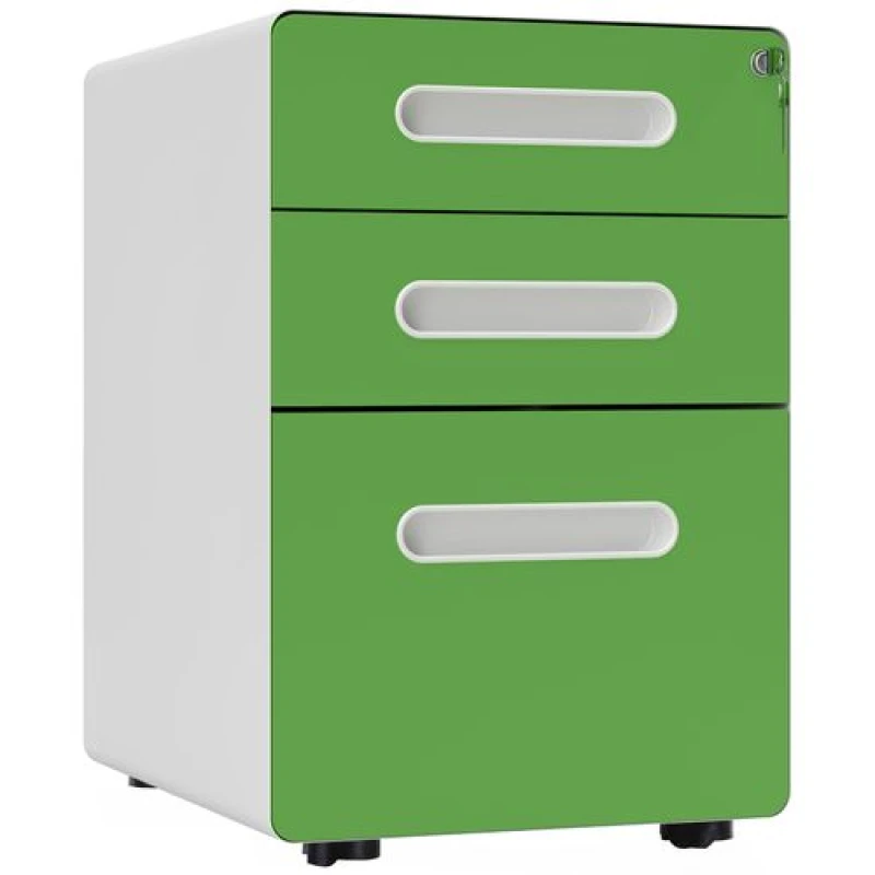 Image of 3 Drawer Modern Steel Filing Cabinet w/ 4 Wheels Lock Pencil Box Office Yellow - Green - Vinsetto TJ Hughes 5056725589424
