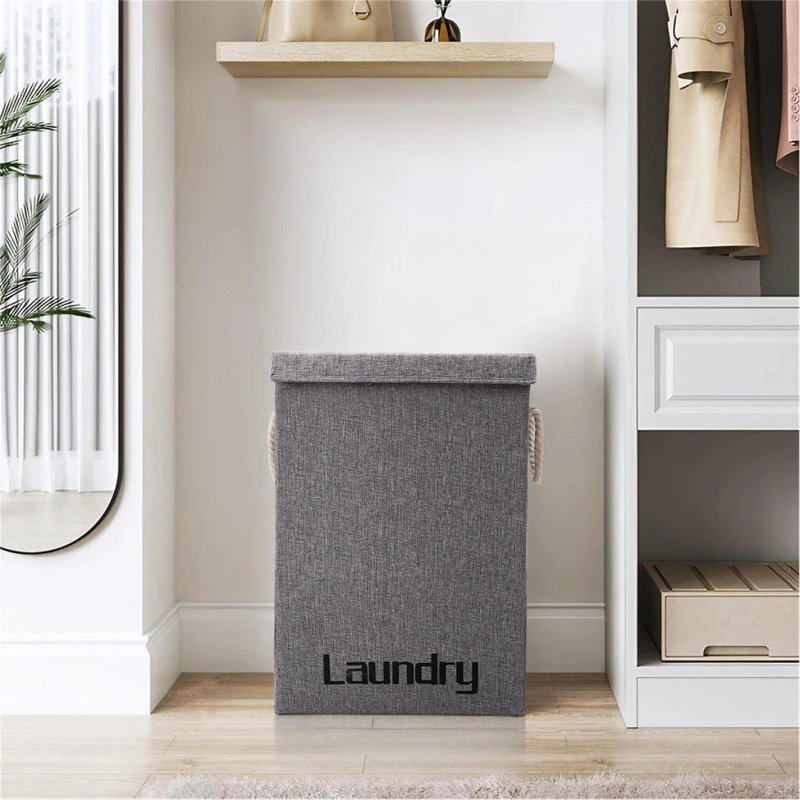 Image of Cottonfy UK Linen Laundry Basket with Beige Rope Handles - Grey Grey M
