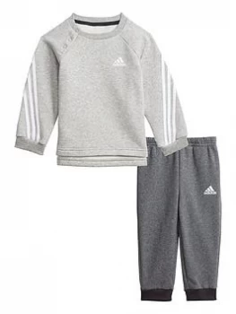 Image of Boys, Adidas Infant Unisex 3 Stripe Crew & Jog Pant Set, Grey/Black, Size 3-6 Months
