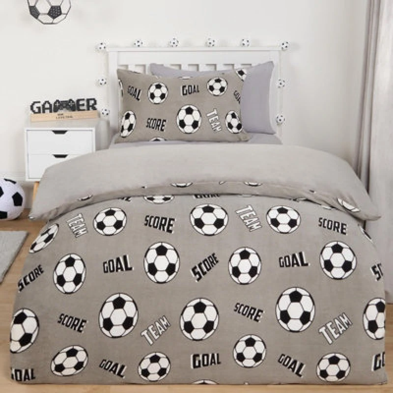 Image of OHS OHS Football Fleece Duvet Cover Kids Warm Reversible Bedding Supersoft Thermal Quilt in Light Grey Size: Double Light Grey Double Unisex 5027434