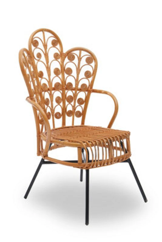 Image of Orsina Brown Natural Rattan Scalloped Back Chair, High Back Rattan Lounge Chair, Outdoor Rattan Chair For Garden
