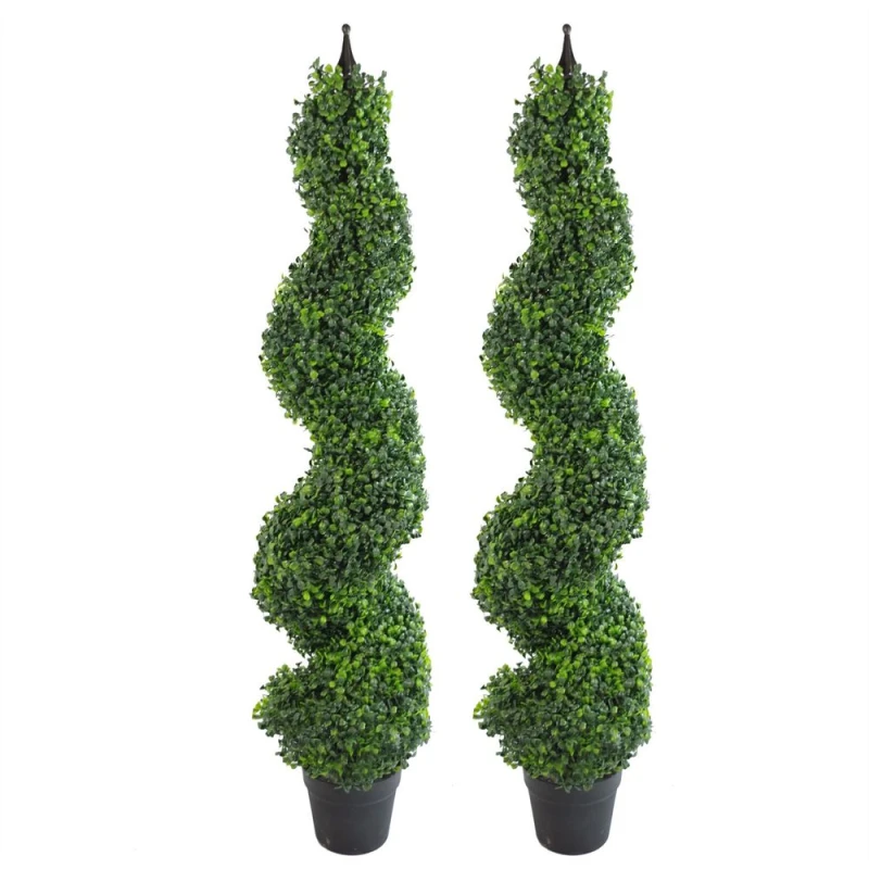 Image of Leaf Pair of 120cm (4ft) Tall Artificial Boxwood Tower Trees Topiary Spiral Metal Top Green
