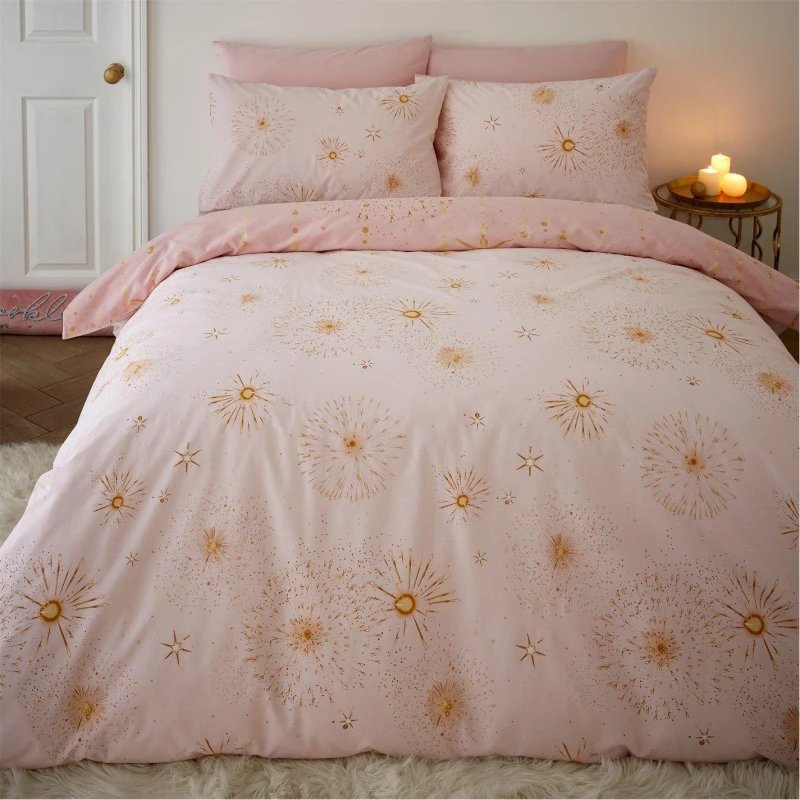 Image of Catherine Lansfield Christmas Sparkle Reversible Duvet Cover Set Pink unisex Double