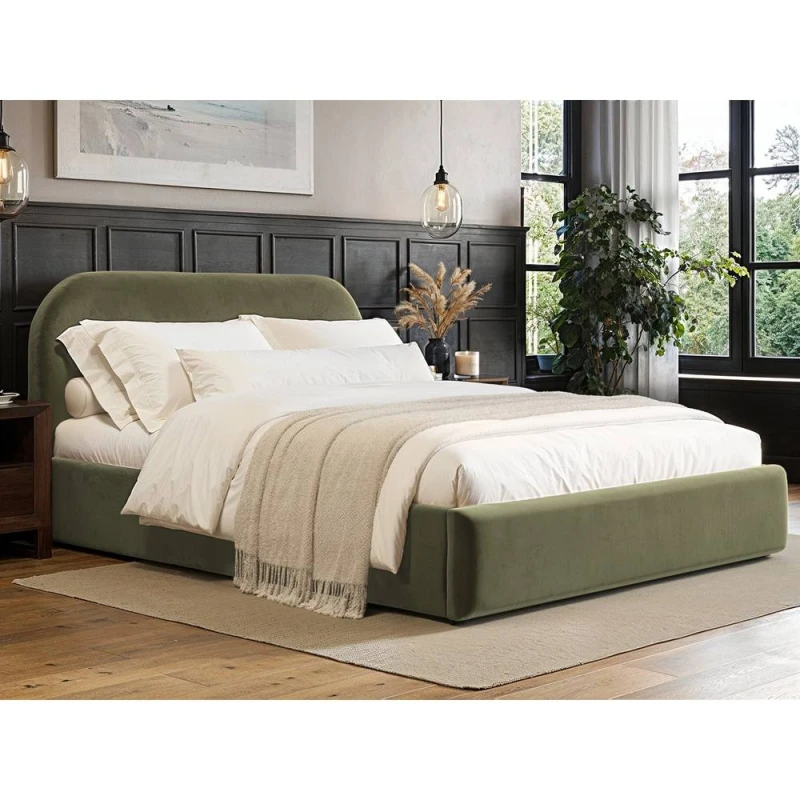 Image of Flair Alba Ottoman Bed Khaki Green Velvet Size: Double Green Unisex Double