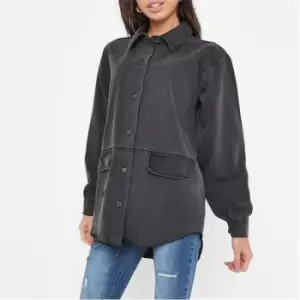Image of Missguided Petite Distressed Pocket Detail Denim Shirt - Black