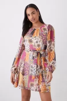 Image of Patchwork Print Chiffon Full Hem Mini Dress