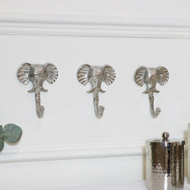 Image of Melody Maison Set Of 3 Silver Elephant Head Wall Hooks Metallic Silver unisex