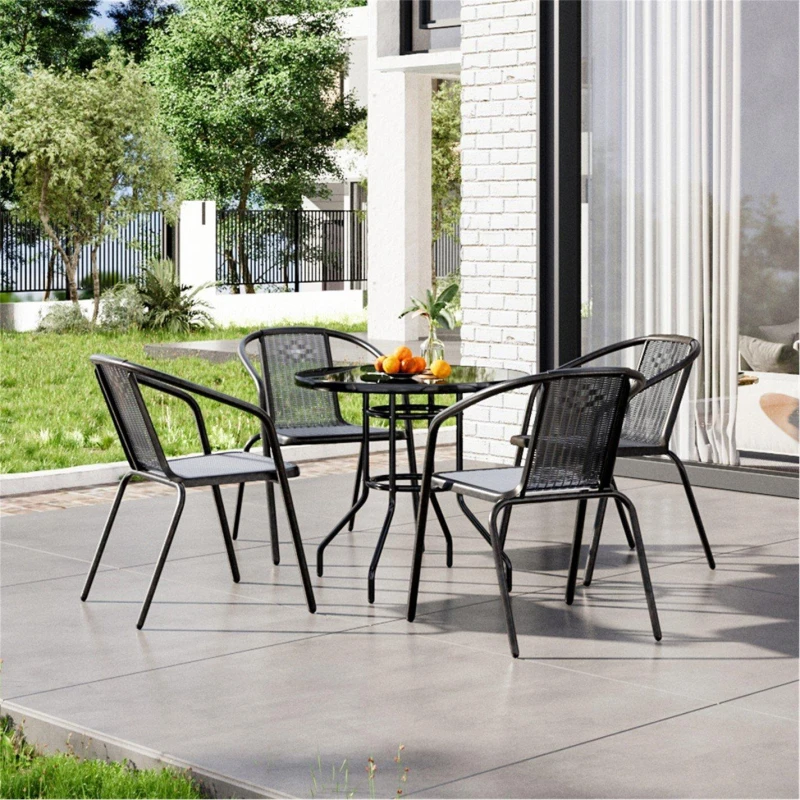 Image of Breeins Tempered Glass Outdoor Table with 4 Rattan Chairs Garden Furniture Sets Large Black 38317403430