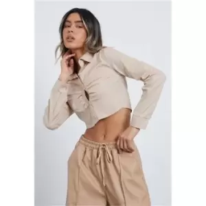 Image of I Saw It First Stone Ruched Cropped Button Up Shirt - Brown