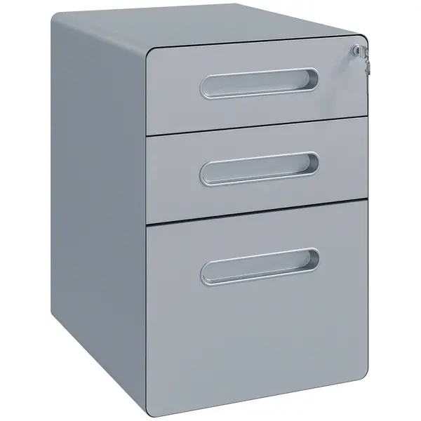 Image of 3 Drawer Steel Filing Cabinet with 4 Wheels Lock Pencil Box Office
