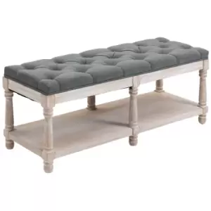 Image of Homcom Bench Button Tufted Upholstered Seat Grey Washed Wood Effect Frame