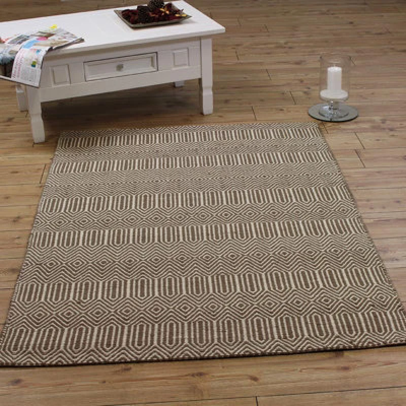Image of Taupe Geometric Modern Handmade Wool Easy To Clean Rug For Living Room And Bedroom-120Cm X 170Cm