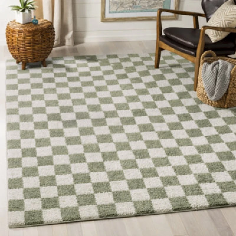 Image of Livabliss Machine Washable Checkered Shaggy Grass Green Izaline Area Rug 200 X 275cm - Easy Care, Ideal For Living Room & Bedroom